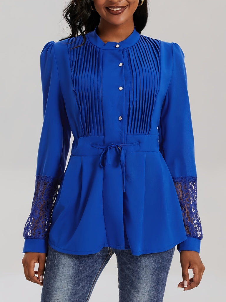 Elegant Lace Blouse - Long Sleeve, Mock Neck, Pleated Contrast Design, Women's Clothing for Chic Style