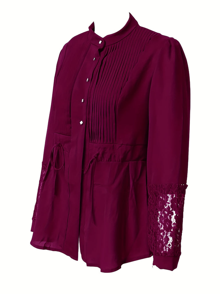 Elegant Lace Blouse - Long Sleeve, Mock Neck, Pleated Contrast Design, Women's Clothing for Chic Style