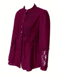 Elegant Lace Blouse - Long Sleeve, Mock Neck, Pleated Contrast Design, Women's Clothing for Chic Style