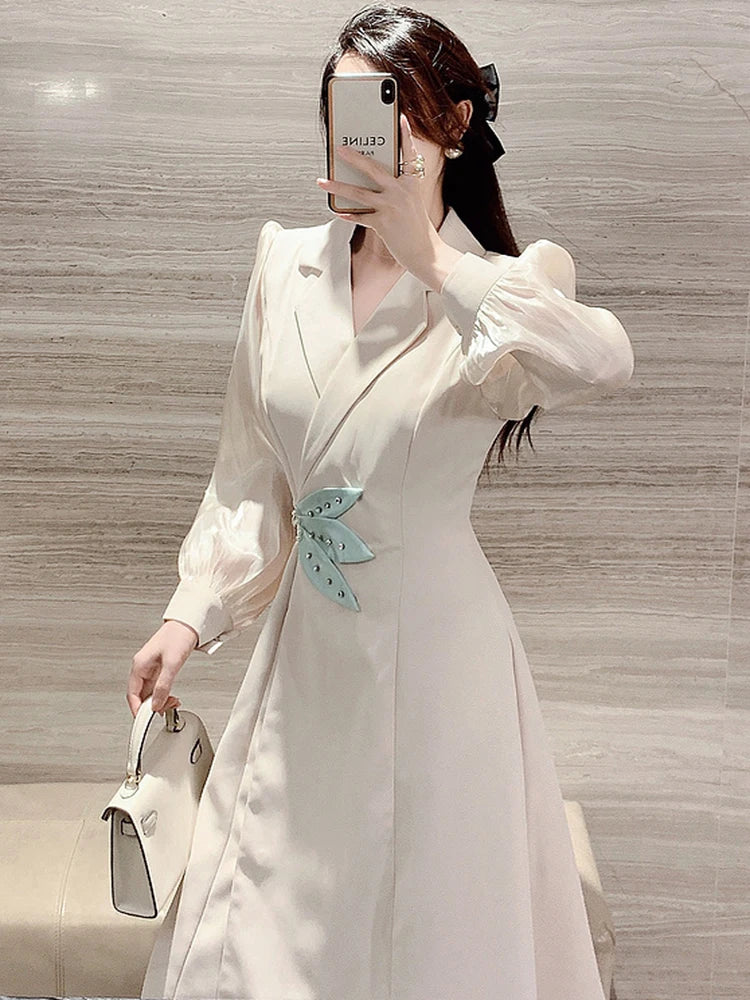Vintage Spring Fashion Blazer Dress For Women French Elegant Office Ladies Long Sleeve Female Beading Slim Waist Party Dresses