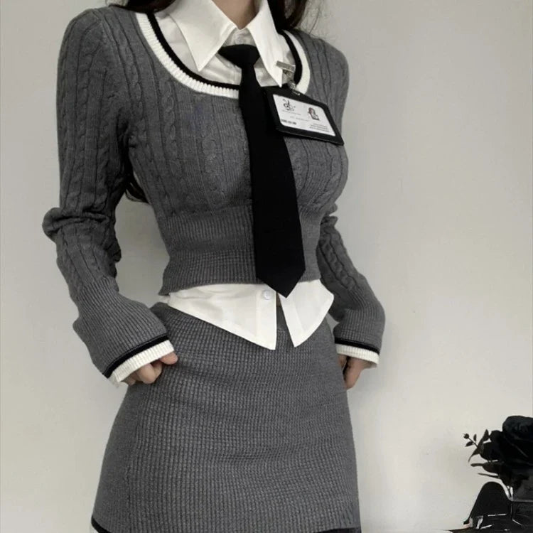 Purpdrank Fashion Knitted Suit Woman Y2k Crop Tops Sweater + Casual Shirt Slim Bodycon Mini Skirt Korean 3 Piece Set 2025 Autumn