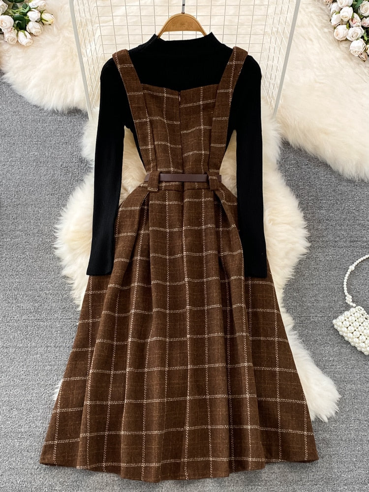 Purpdrank - High Quality Fall Winter Women Sweater Overalls Dress Sets Casual Knitted Tops +Plaid Woolen Dress 2 Piece Sets Outfits Female