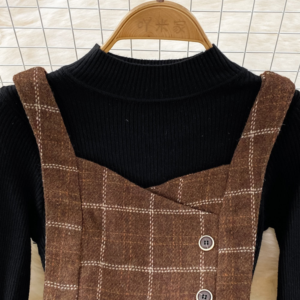 Purpdrank - High Quality Fall Winter Women Sweater Overalls Dress Sets Casual Knitted Tops +Plaid Woolen Dress 2 Piece Sets Outfits Female