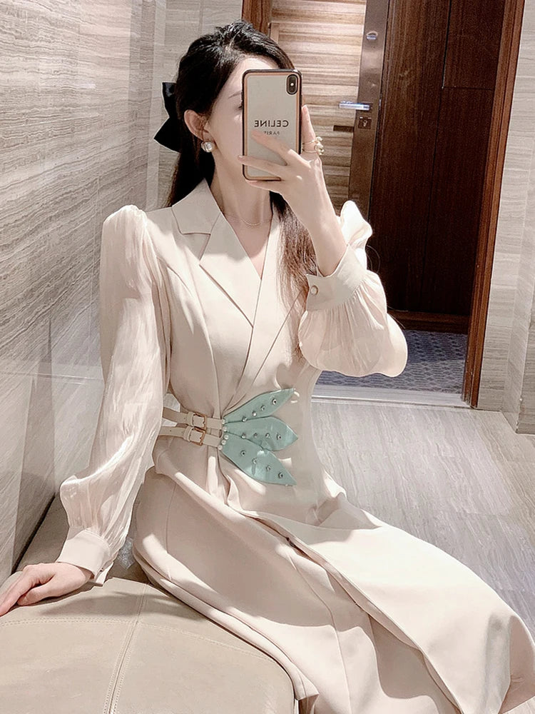 Vintage Spring Fashion Blazer Dress For Women French Elegant Office Ladies Long Sleeve Female Beading Slim Waist Party Dresses