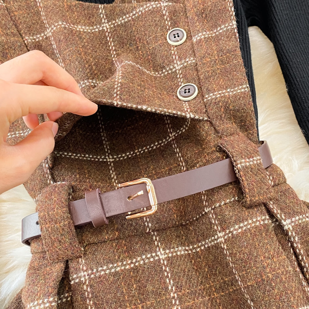 Purpdrank - High Quality Fall Winter Women Sweater Overalls Dress Sets Casual Knitted Tops +Plaid Woolen Dress 2 Piece Sets Outfits Female