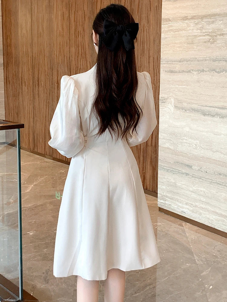 Vintage Spring Fashion Blazer Dress For Women French Elegant Office Ladies Long Sleeve Female Beading Slim Waist Party Dresses