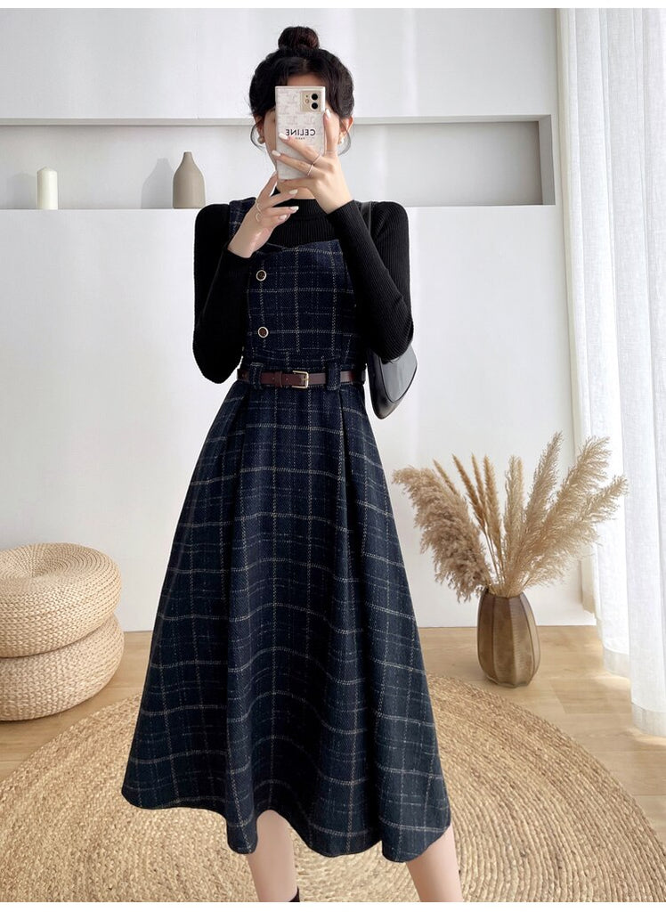 Purpdrank - High Quality Fall Winter Women Sweater Overalls Dress Sets Casual Knitted Tops +Plaid Woolen Dress 2 Piece Sets Outfits Female
