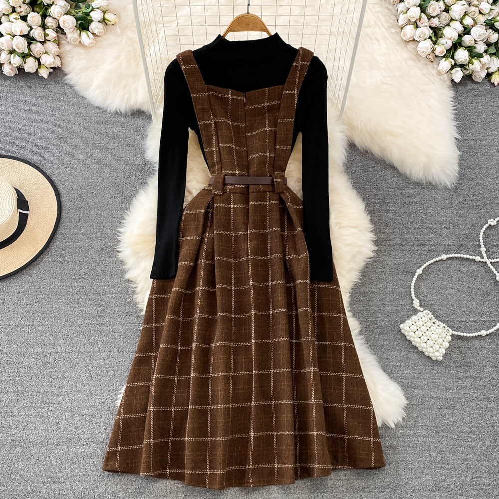 Purpdrank - High Quality Fall Winter Women Sweater Overalls Dress Sets Casual Knitted Tops +Plaid Woolen Dress 2 Piece Sets Outfits Female