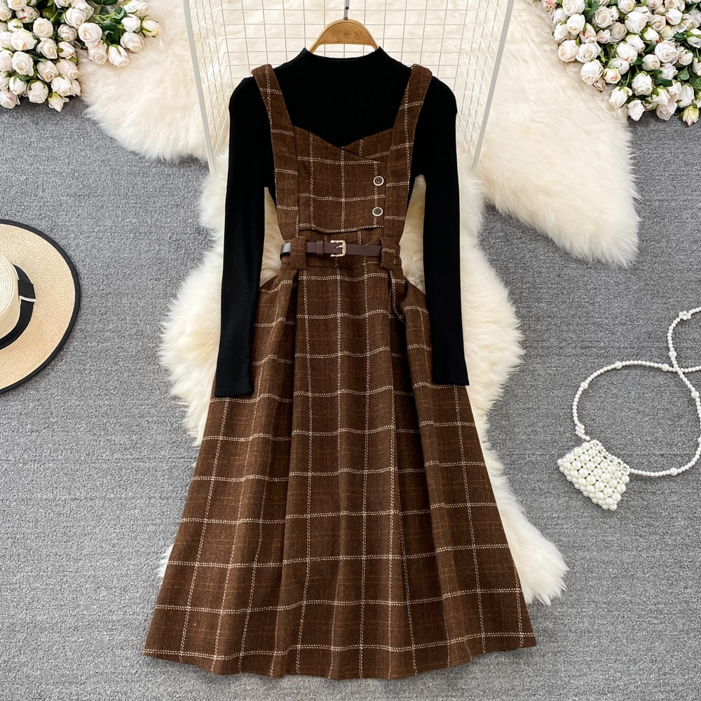 Purpdrank - High Quality Fall Winter Women Sweater Overalls Dress Sets Casual Knitted Tops +Plaid Woolen Dress 2 Piece Sets Outfits Female