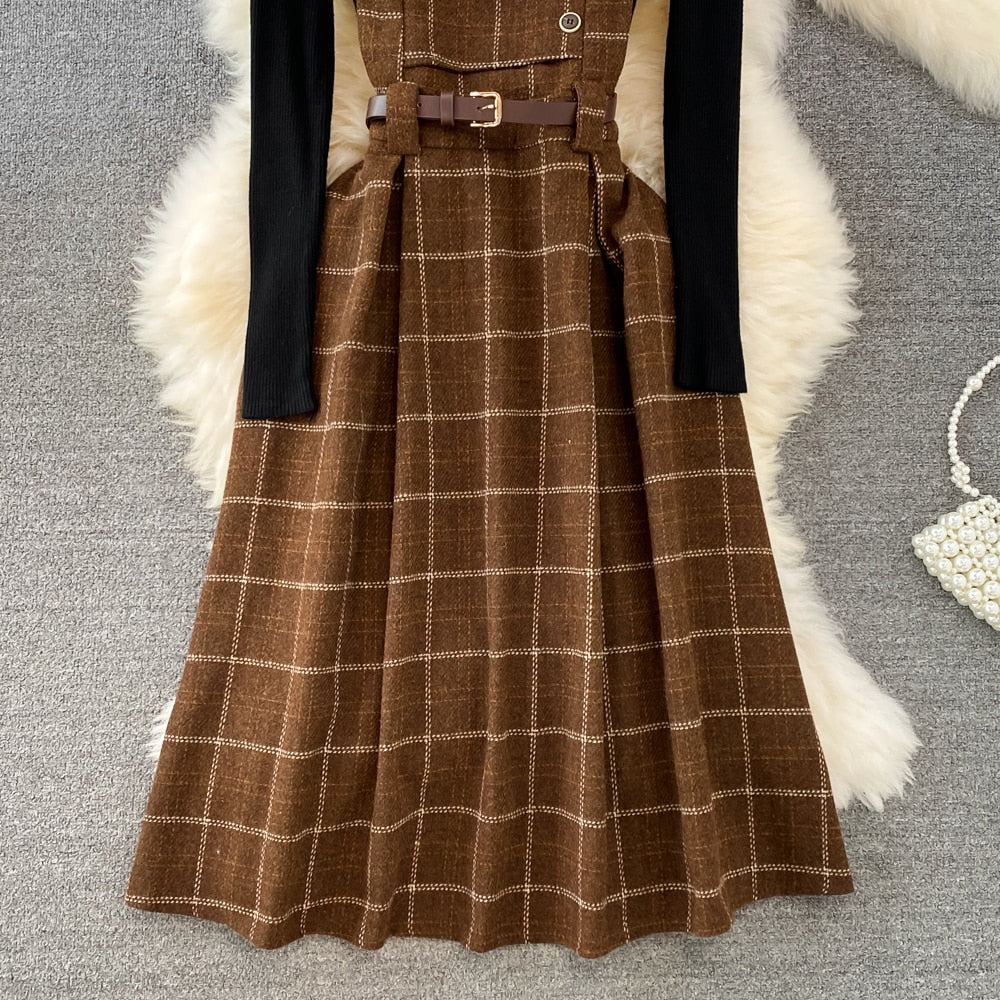Purpdrank - High Quality Fall Winter Women Sweater Overalls Dress Sets Casual Knitted Tops +Plaid Woolen Dress 2 Piece Sets Outfits Female