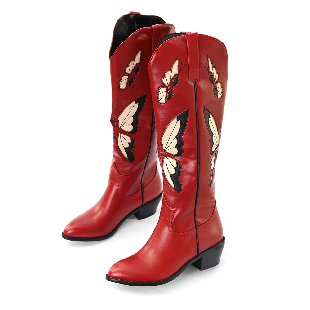 Purpdrank - Female Butterfly Embroidery Knee High Boots For Women Cute Cowgirls Cowboy Chunky Heel Vintage Fashion Punk Western Boots Womens