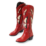 Purpdrank - Female Butterfly Embroidery Knee High Boots For Women Cute Cowgirls Cowboy Chunky Heel Vintage Fashion Punk Western Boots Womens