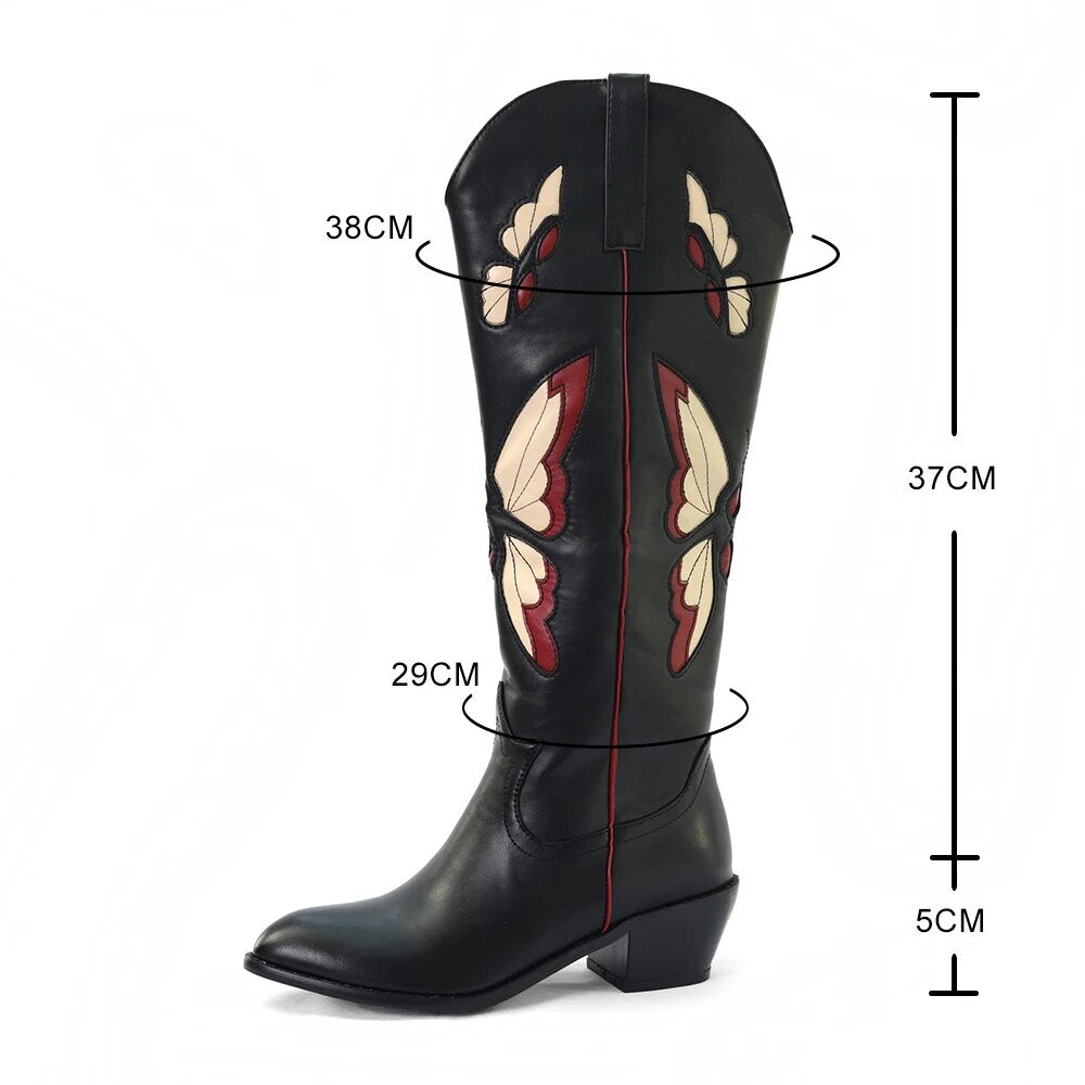 Purpdrank - Female Butterfly Embroidery Knee High Boots For Women Cute Cowgirls Cowboy Chunky Heel Vintage Fashion Punk Western Boots Womens