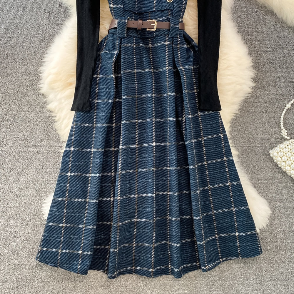 Purpdrank - High Quality Fall Winter Women Sweater Overalls Dress Sets Casual Knitted Tops +Plaid Woolen Dress 2 Piece Sets Outfits Female