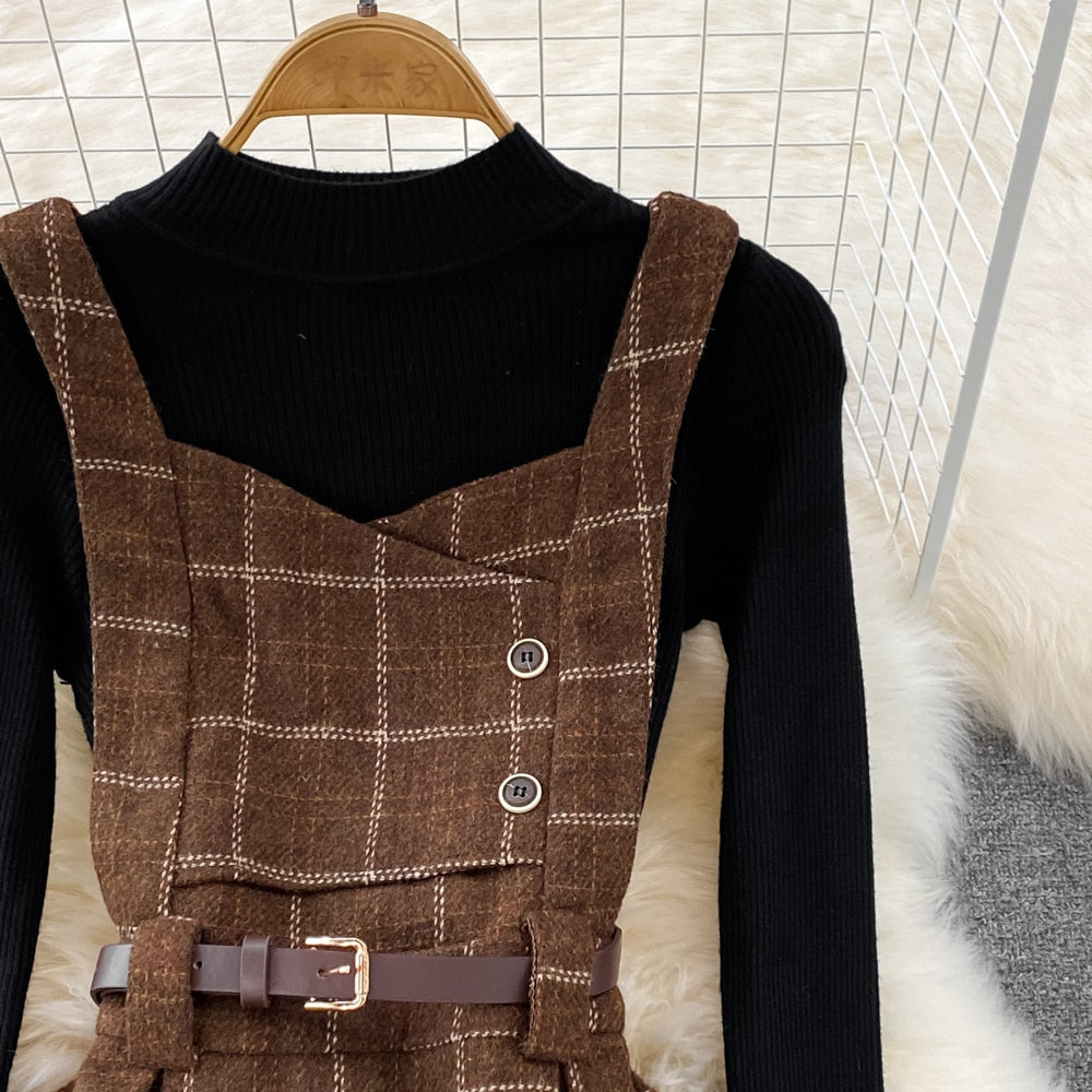 Purpdrank - High Quality Fall Winter Women Sweater Overalls Dress Sets Casual Knitted Tops +Plaid Woolen Dress 2 Piece Sets Outfits Female