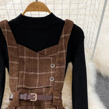 Purpdrank - High Quality Fall Winter Women Sweater Overalls Dress Sets Casual Knitted Tops +Plaid Woolen Dress 2 Piece Sets Outfits Female
