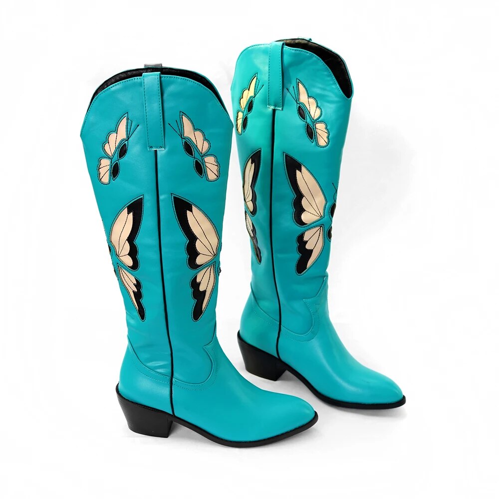 Purpdrank - Female Butterfly Embroidery Knee High Boots For Women Cute Cowgirls Cowboy Chunky Heel Vintage Fashion Punk Western Boots Womens