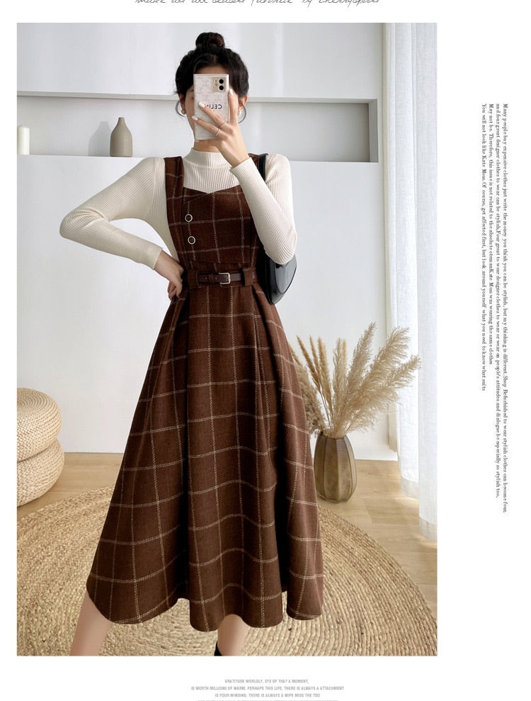 Purpdrank - High Quality Fall Winter Women Sweater Overalls Dress Sets Casual Knitted Tops +Plaid Woolen Dress 2 Piece Sets Outfits Female