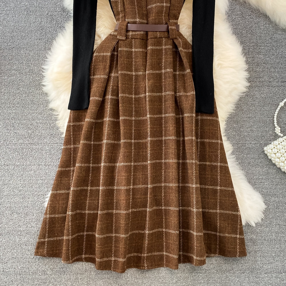 Purpdrank - High Quality Fall Winter Women Sweater Overalls Dress Sets Casual Knitted Tops +Plaid Woolen Dress 2 Piece Sets Outfits Female