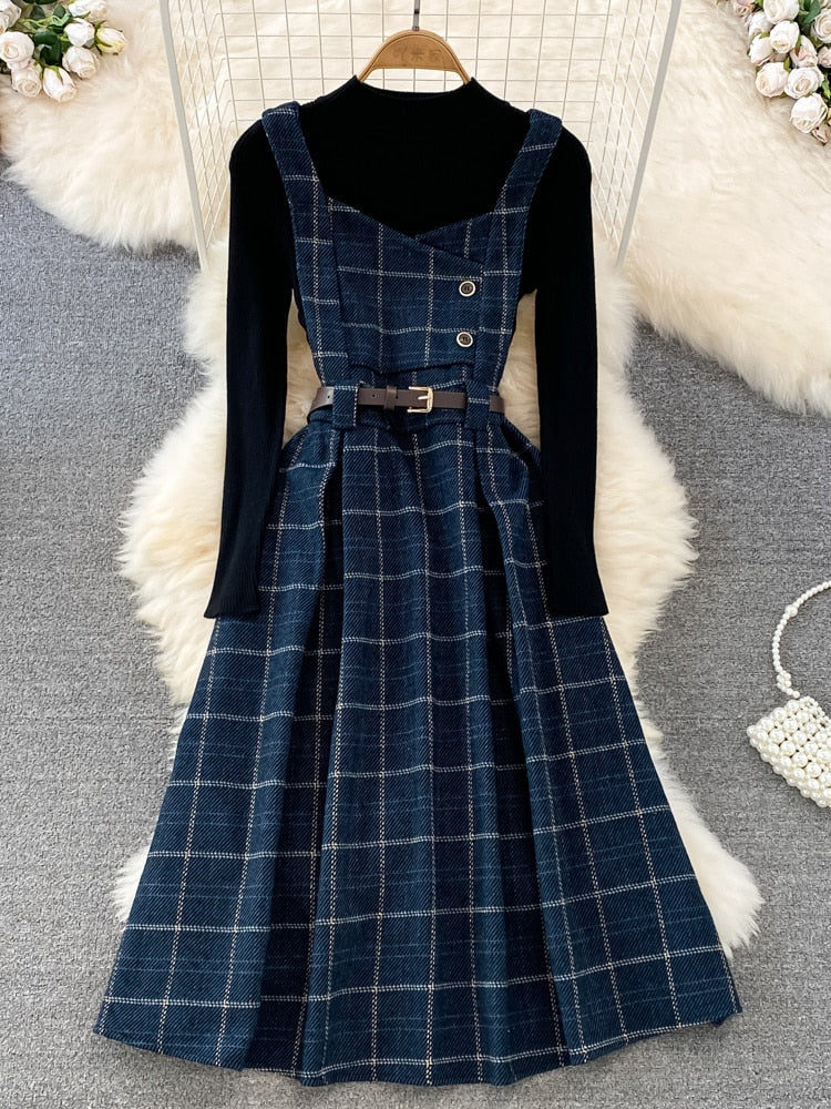 Purpdrank - High Quality Fall Winter Women Sweater Overalls Dress Sets Casual Knitted Tops +Plaid Woolen Dress 2 Piece Sets Outfits Female