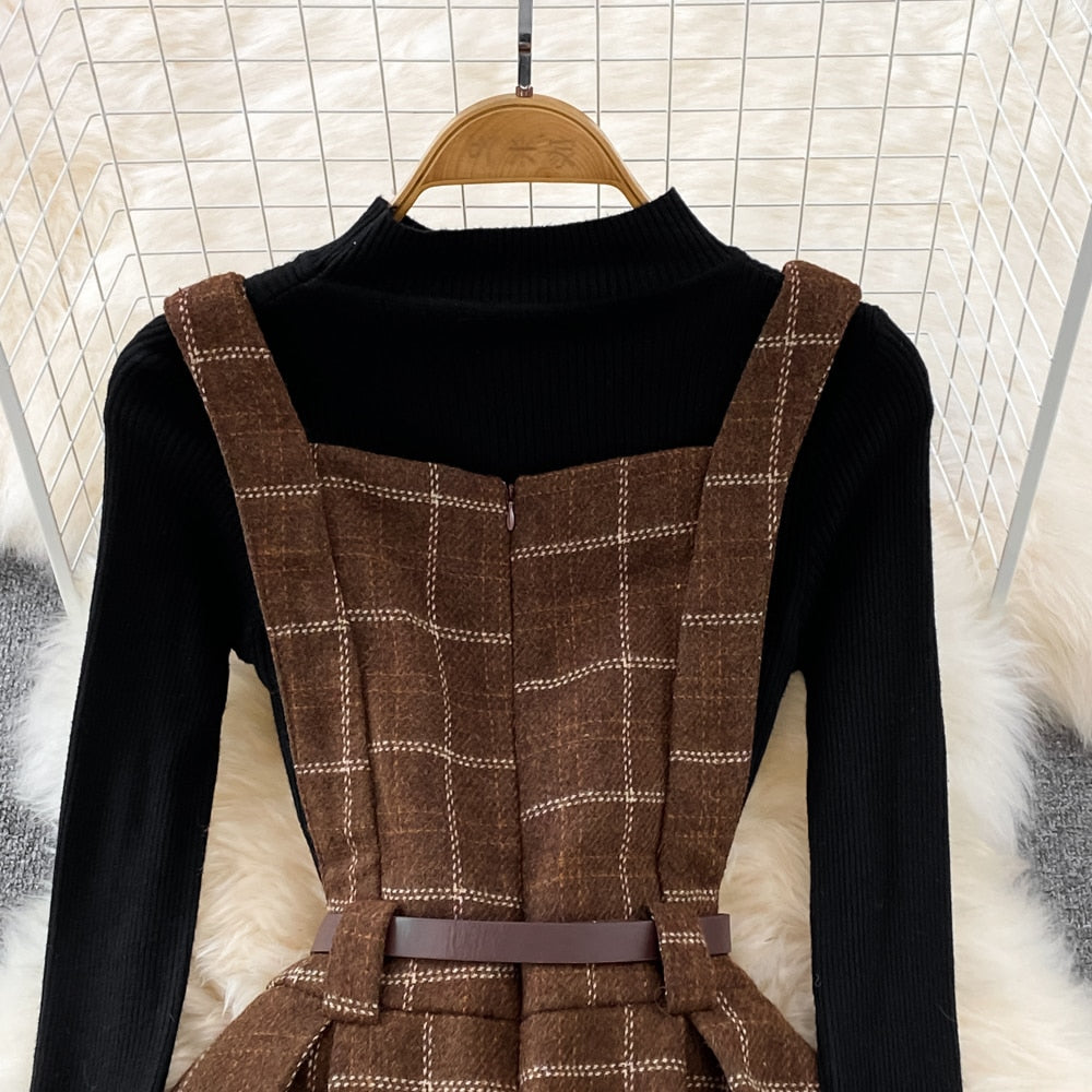 Purpdrank - High Quality Fall Winter Women Sweater Overalls Dress Sets Casual Knitted Tops +Plaid Woolen Dress 2 Piece Sets Outfits Female