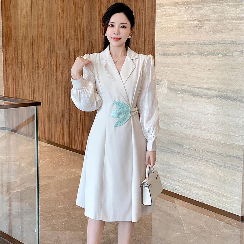 Vintage Spring Fashion Blazer Dress For Women French Elegant Office Ladies Long Sleeve Female Beading Slim Waist Party Dresses