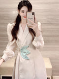 Vintage Spring Fashion Blazer Dress For Women French Elegant Office Ladies Long Sleeve Female Beading Slim Waist Party Dresses