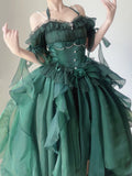 Purpdrank - Green Flower Wedding Dress Cos Lolita Dress Op Dress Lolita Heavy Industry Trail Puffy Princess Dress, Lolita Cosplay