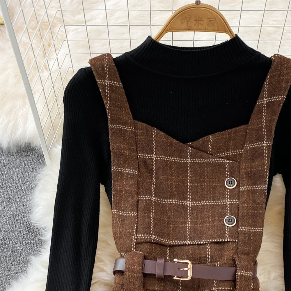 Purpdrank - High Quality Fall Winter Women Sweater Overalls Dress Sets Casual Knitted Tops +Plaid Woolen Dress 2 Piece Sets Outfits Female