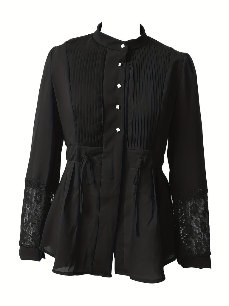 Elegant Lace Blouse - Long Sleeve, Mock Neck, Pleated Contrast Design, Women's Clothing for Chic Style
