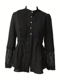 Elegant Lace Blouse - Long Sleeve, Mock Neck, Pleated Contrast Design, Women's Clothing for Chic Style