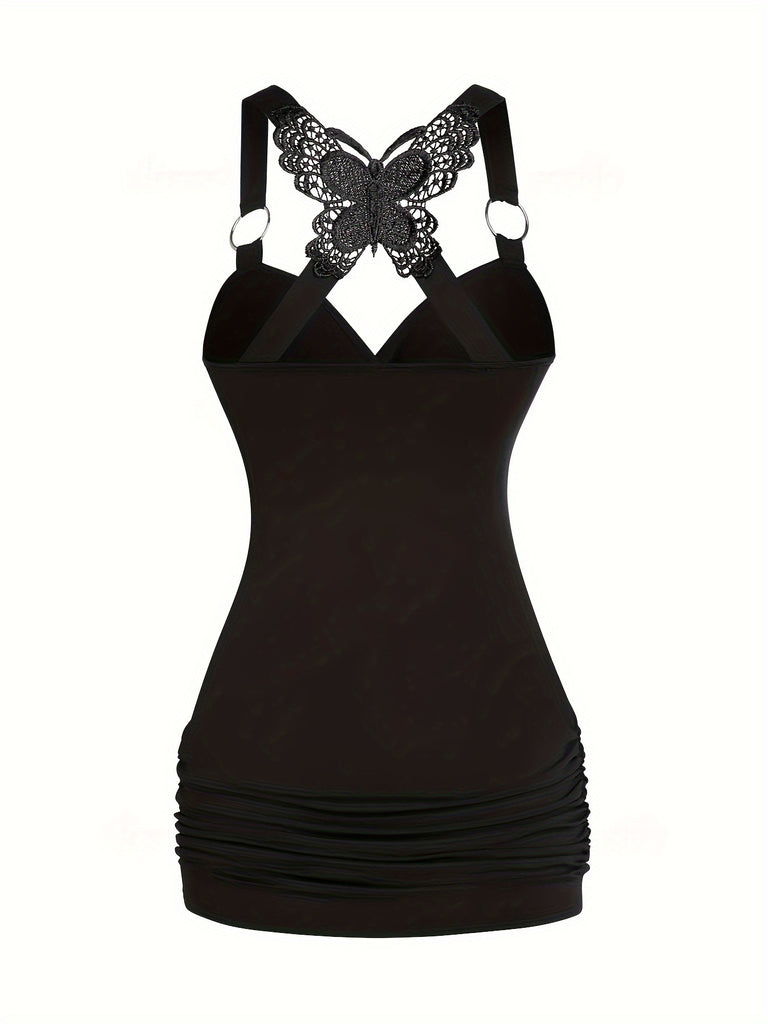 Fashionable Solid Butterfly Ring Accent Top - Flattering Sleeveless Crisscross Back for Women - Elegant & Versatile Tank Clothing