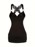 Fashionable Solid Butterfly Ring Accent Top - Flattering Sleeveless Crisscross Back for Women - Elegant & Versatile Tank Clothing