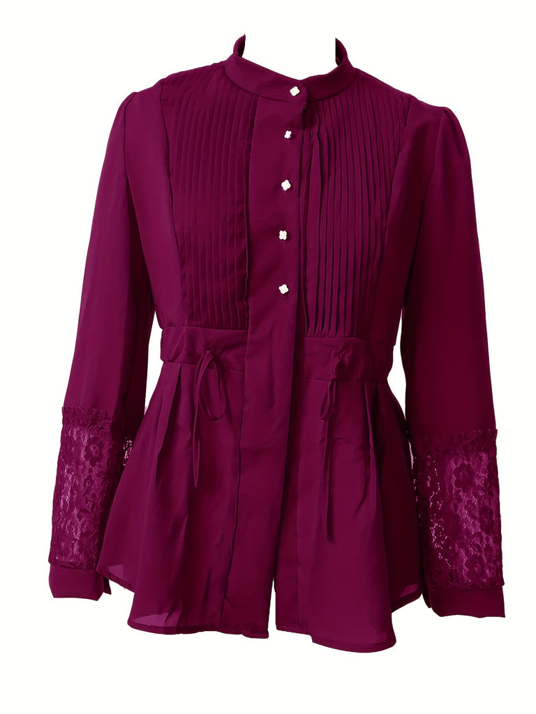 Elegant Lace Blouse - Long Sleeve, Mock Neck, Pleated Contrast Design, Women's Clothing for Chic Style