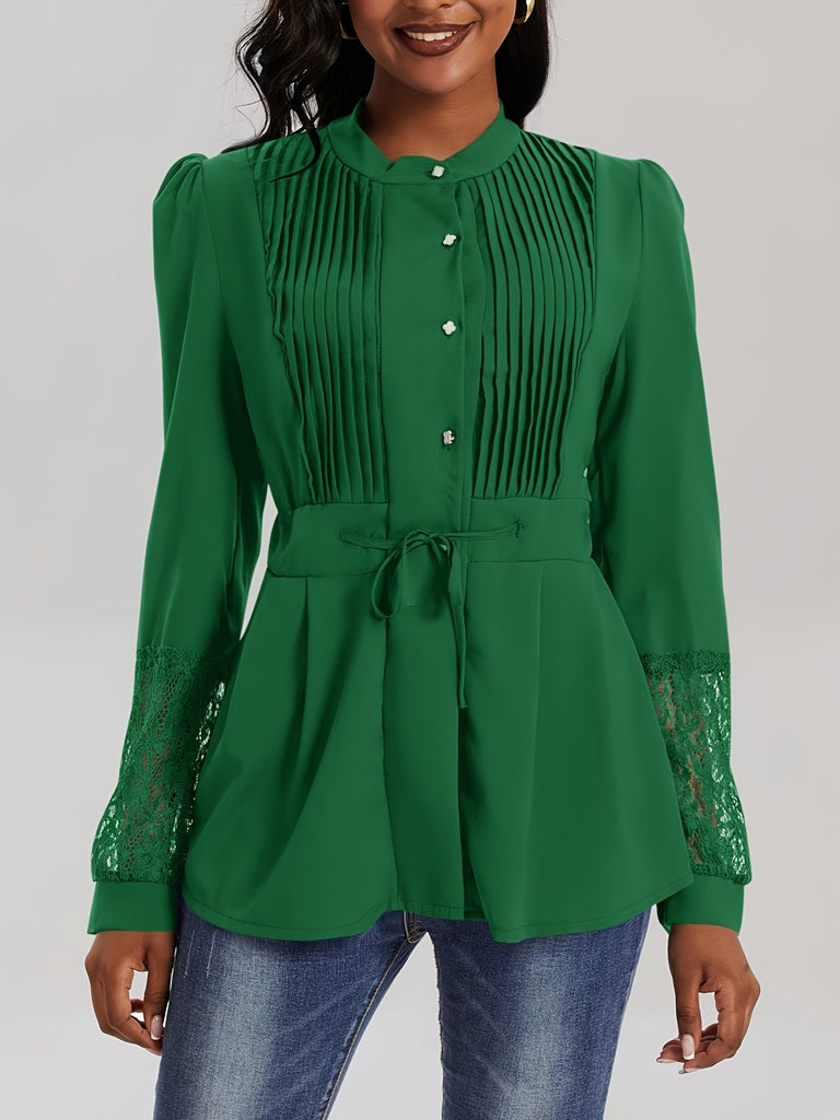 Elegant Lace Blouse - Long Sleeve, Mock Neck, Pleated Contrast Design, Women's Clothing for Chic Style