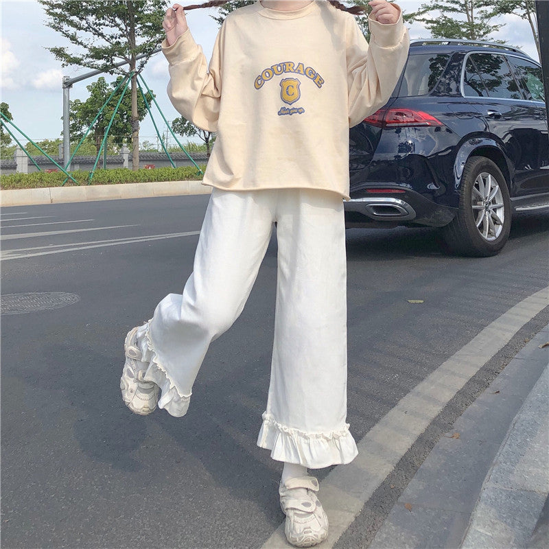 Purpdrank - Japanese Kawaii Soft Girl Women Pants Sweet Ruffled Basis Wild High Waist Loose Trousers Elastic Waist Casual Solid Student Pant
