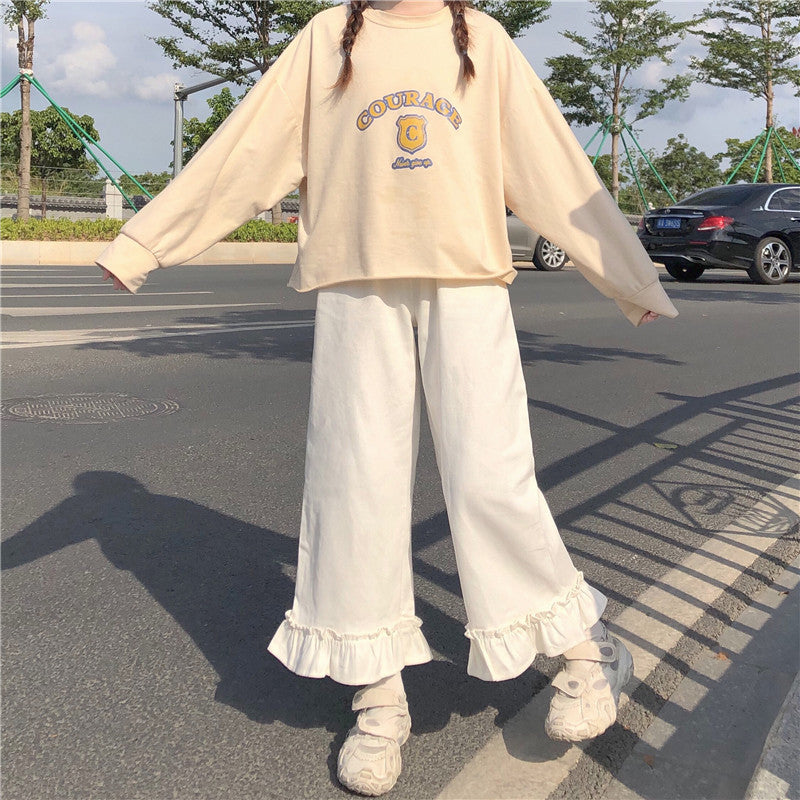 Purpdrank - Japanese Kawaii Soft Girl Women Pants Sweet Ruffled Basis Wild High Waist Loose Trousers Elastic Waist Casual Solid Student Pant