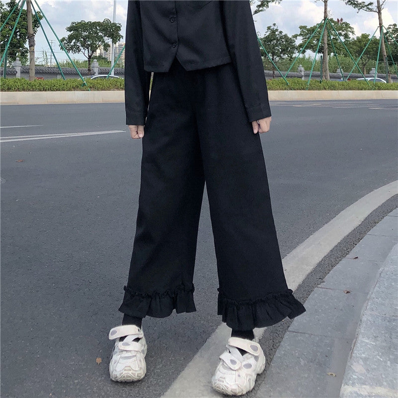 Purpdrank - Japanese Kawaii Soft Girl Women Pants Sweet Ruffled Basis Wild High Waist Loose Trousers Elastic Waist Casual Solid Student Pant