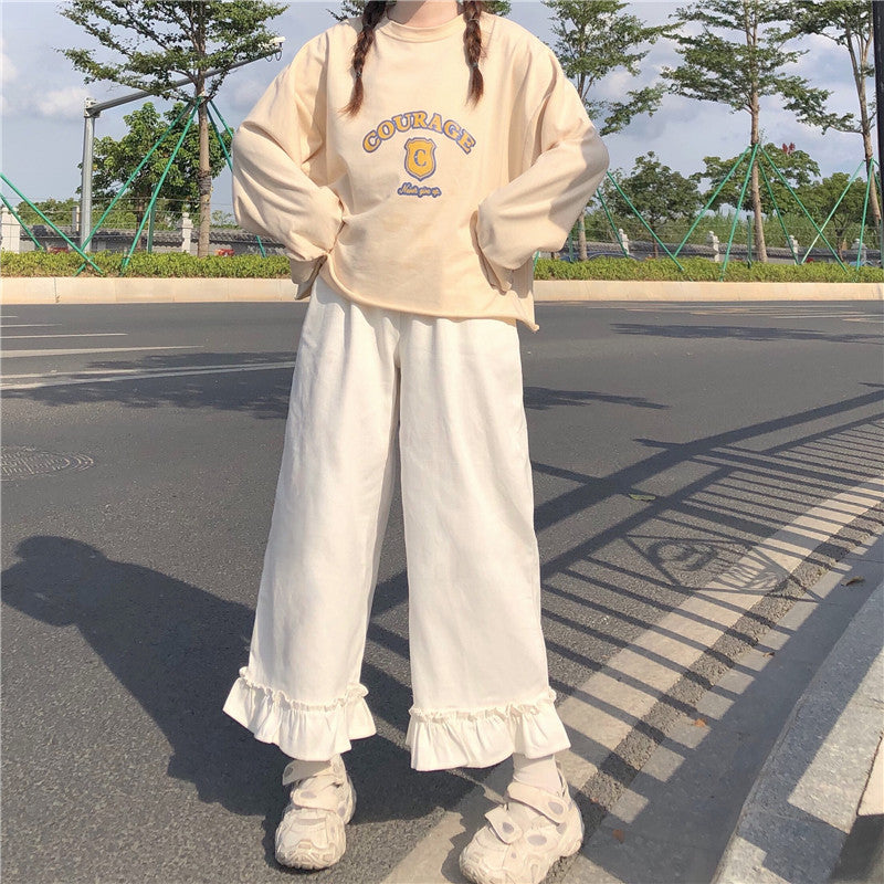 Purpdrank - Japanese Kawaii Soft Girl Women Pants Sweet Ruffled Basis Wild High Waist Loose Trousers Elastic Waist Casual Solid Student Pant