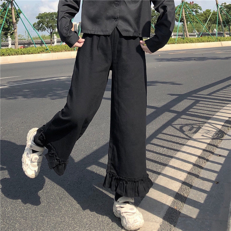 Purpdrank - Japanese Kawaii Soft Girl Women Pants Sweet Ruffled Basis Wild High Waist Loose Trousers Elastic Waist Casual Solid Student Pant