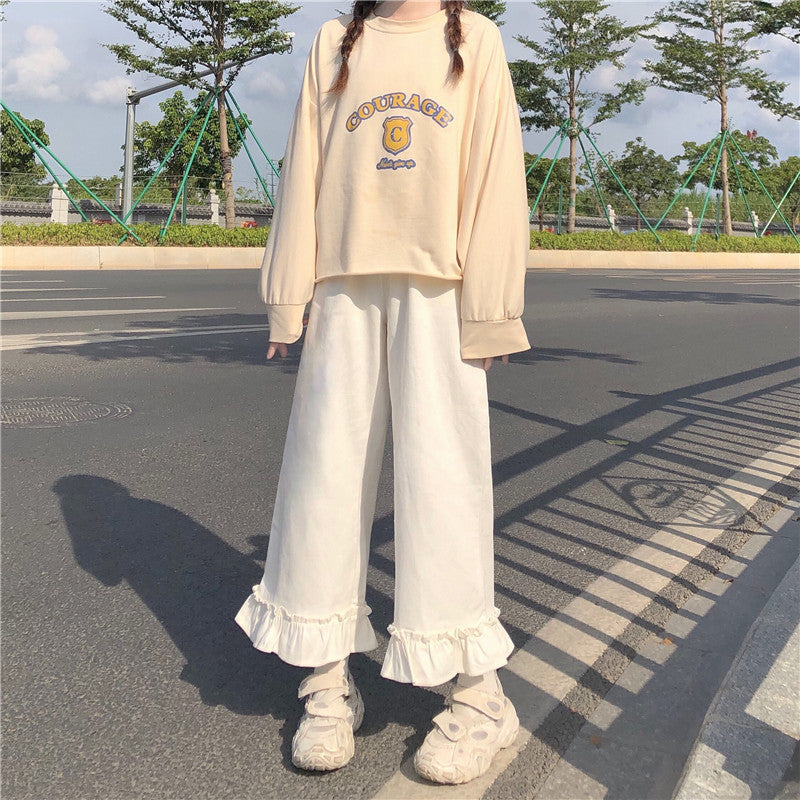 Purpdrank - Japanese Kawaii Soft Girl Women Pants Sweet Ruffled Basis Wild High Waist Loose Trousers Elastic Waist Casual Solid Student Pant