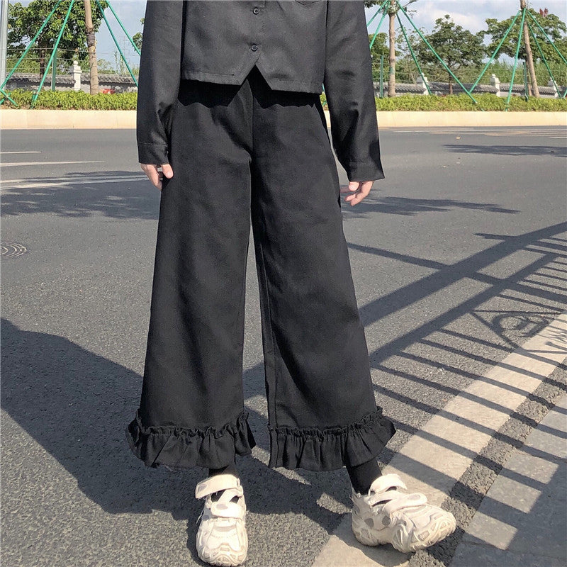 Purpdrank - Japanese Kawaii Soft Girl Women Pants Sweet Ruffled Basis Wild High Waist Loose Trousers Elastic Waist Casual Solid Student Pant