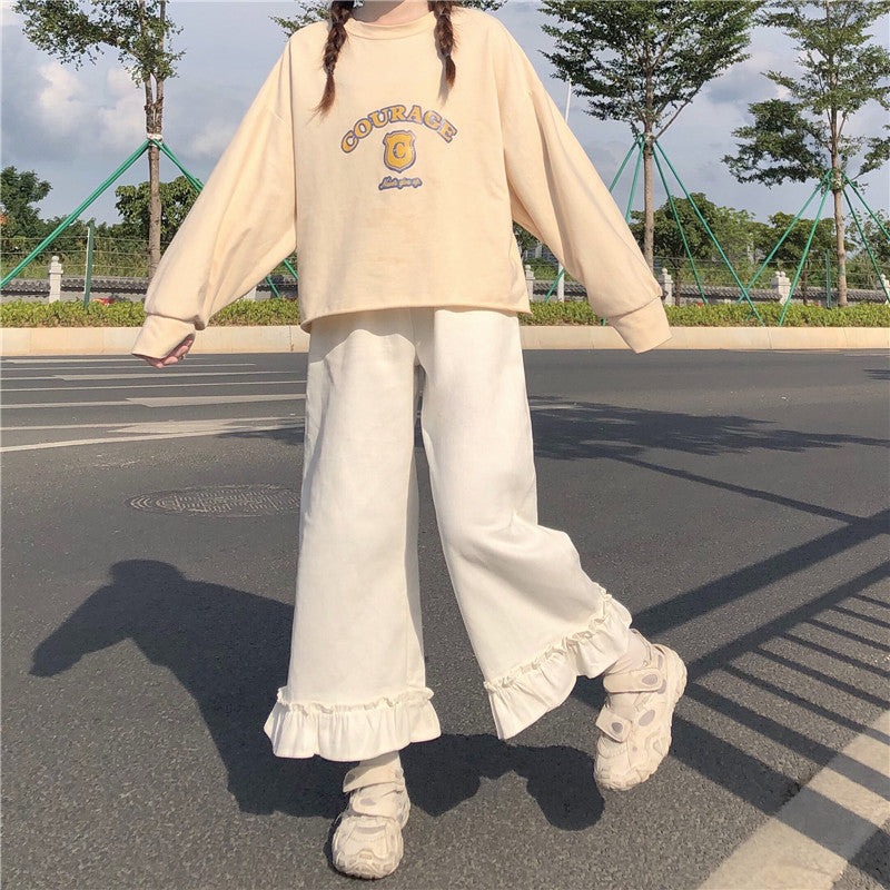 Purpdrank - Japanese Kawaii Soft Girl Women Pants Sweet Ruffled Basis Wild High Waist Loose Trousers Elastic Waist Casual Solid Student Pant