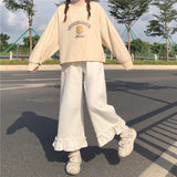 Purpdrank - Japanese Kawaii Soft Girl Women Pants Sweet Ruffled Basis Wild High Waist Loose Trousers Elastic Waist Casual Solid Student Pant