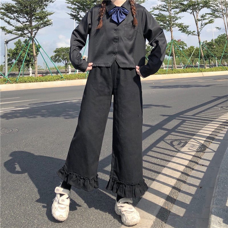 Purpdrank - Japanese Kawaii Soft Girl Women Pants Sweet Ruffled Basis Wild High Waist Loose Trousers Elastic Waist Casual Solid Student Pant