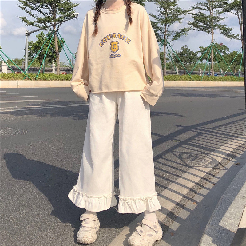 Purpdrank - Japanese Kawaii Soft Girl Women Pants Sweet Ruffled Basis Wild High Waist Loose Trousers Elastic Waist Casual Solid Student Pant