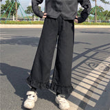 Purpdrank - Japanese Kawaii Soft Girl Women Pants Sweet Ruffled Basis Wild High Waist Loose Trousers Elastic Waist Casual Solid Student Pant