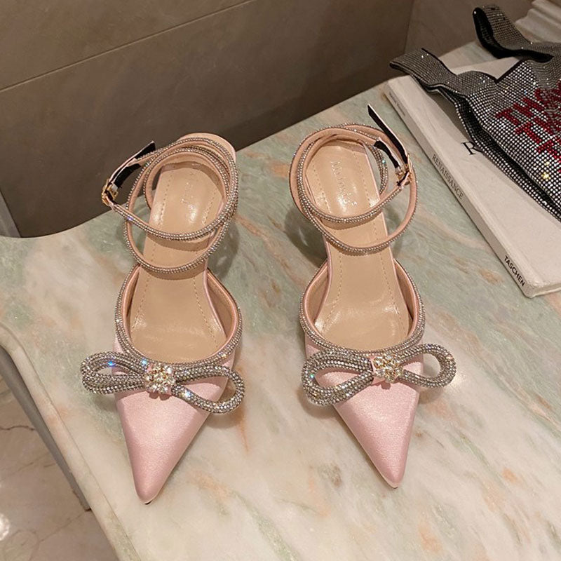 Purpdrank - Black/White Glitter Rhinestone Women Pumps Crystal Bowknot Summer Ladies Sandals Shoes 7CM High Heels Party Prom Wedding Shoes