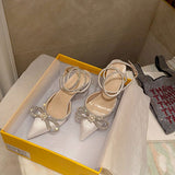 Purpdrank - Black/White Glitter Rhinestone Women Pumps Crystal Bowknot Summer Ladies Sandals Shoes 7CM High Heels Party Prom Wedding Shoes