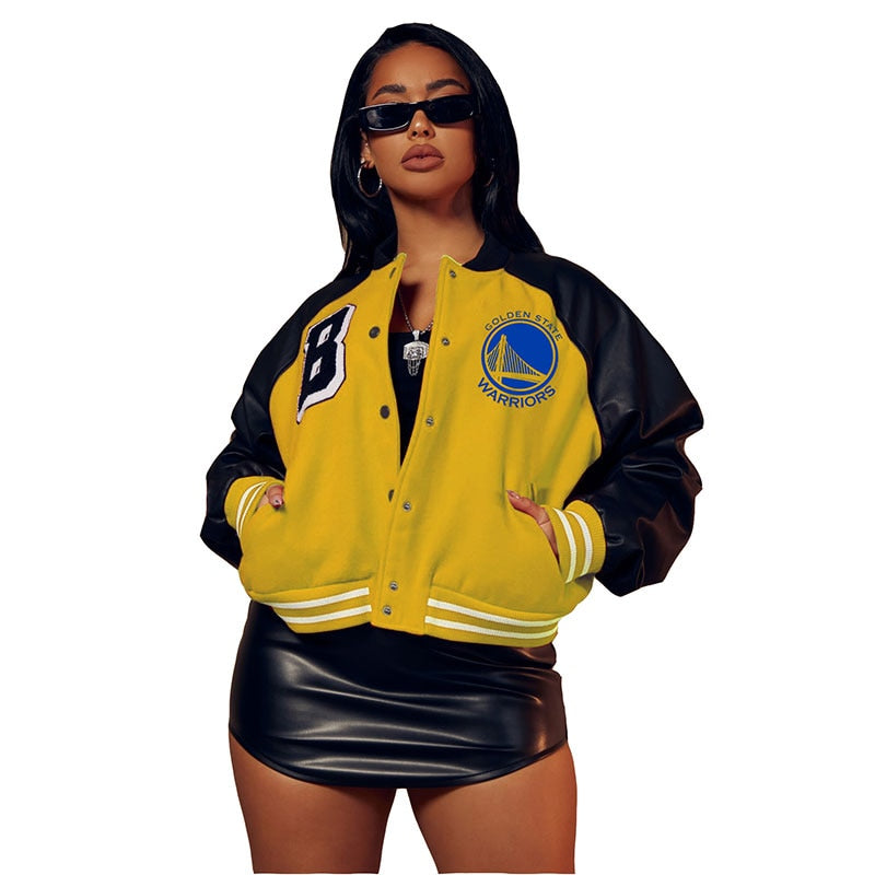 Purpdrank - Pu Leather Letter Print Baseball Jacket Women Long Sleeve Patchwork Button Warm Coat Outfit Autumn Y2k Streetwear Racing Jackets